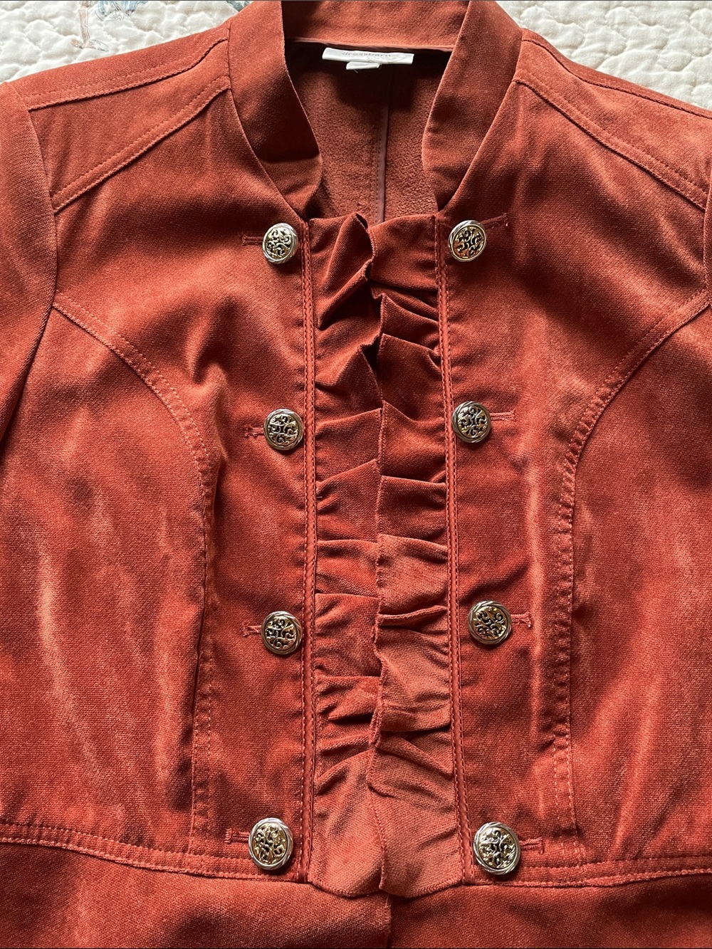 Double Breasted Suede Look Rust Color Ruffled Jacket - Picture 5 of 14